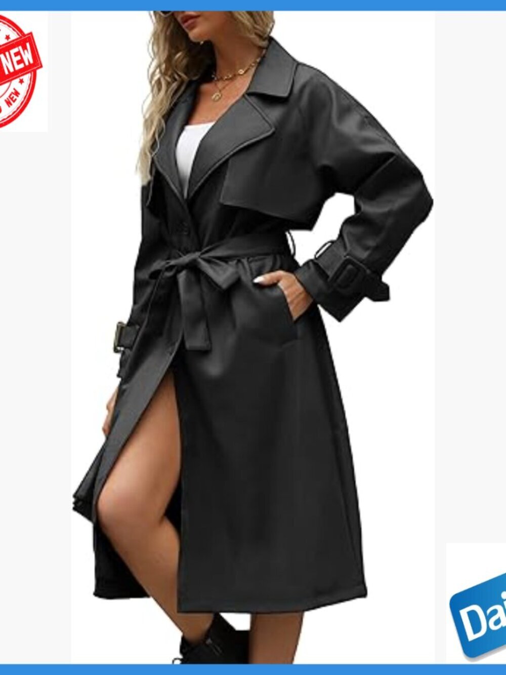 Oversized Faux Leather Trench Coat with Belt Classic Lapel Long Sleeve